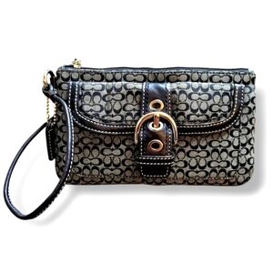 Coach Signature Canvas Wristlet in Black and Tan with Gold Hardware